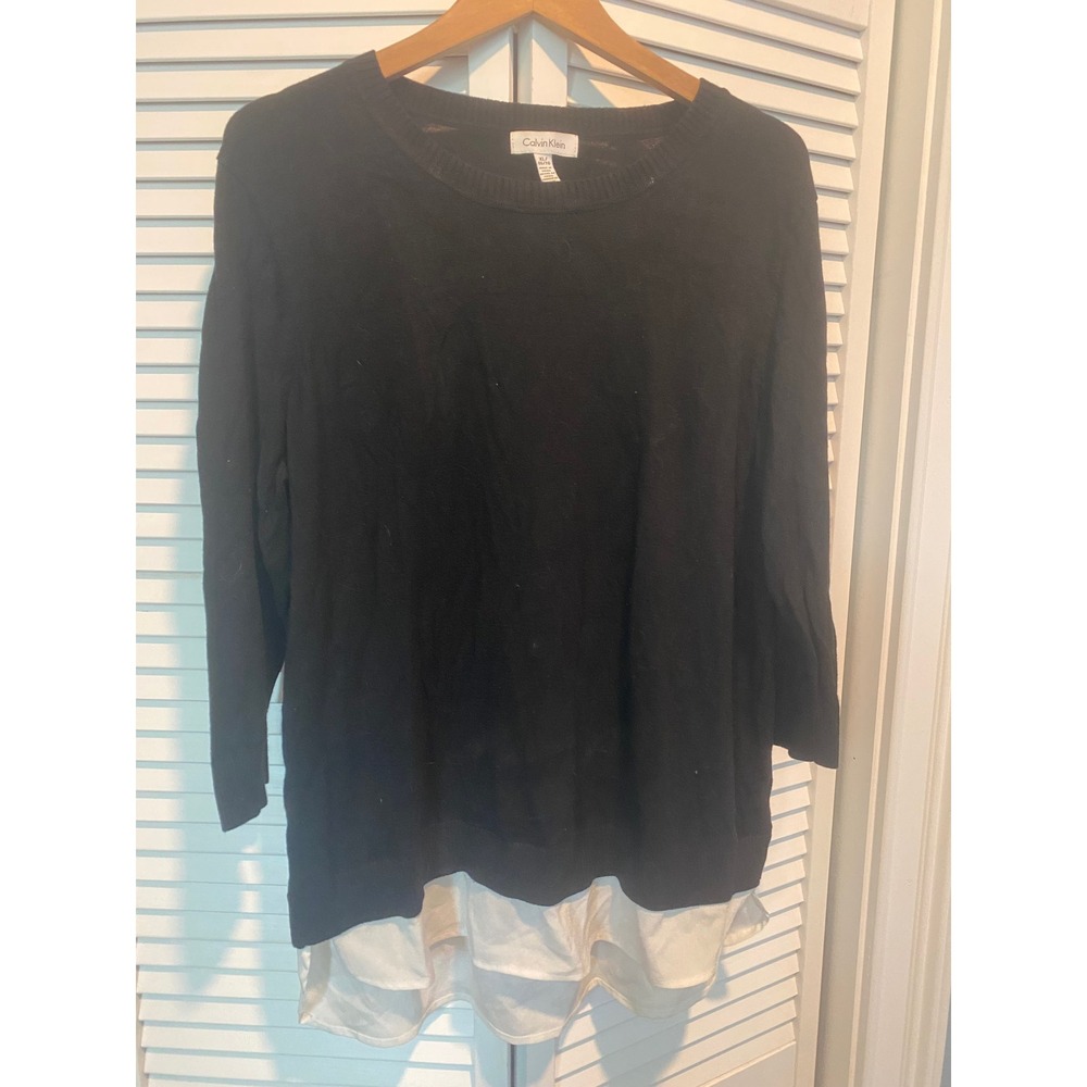 Calvin Klein Womens Black Layered Look Crew Neck Sweater 3/4 Sleeve XL